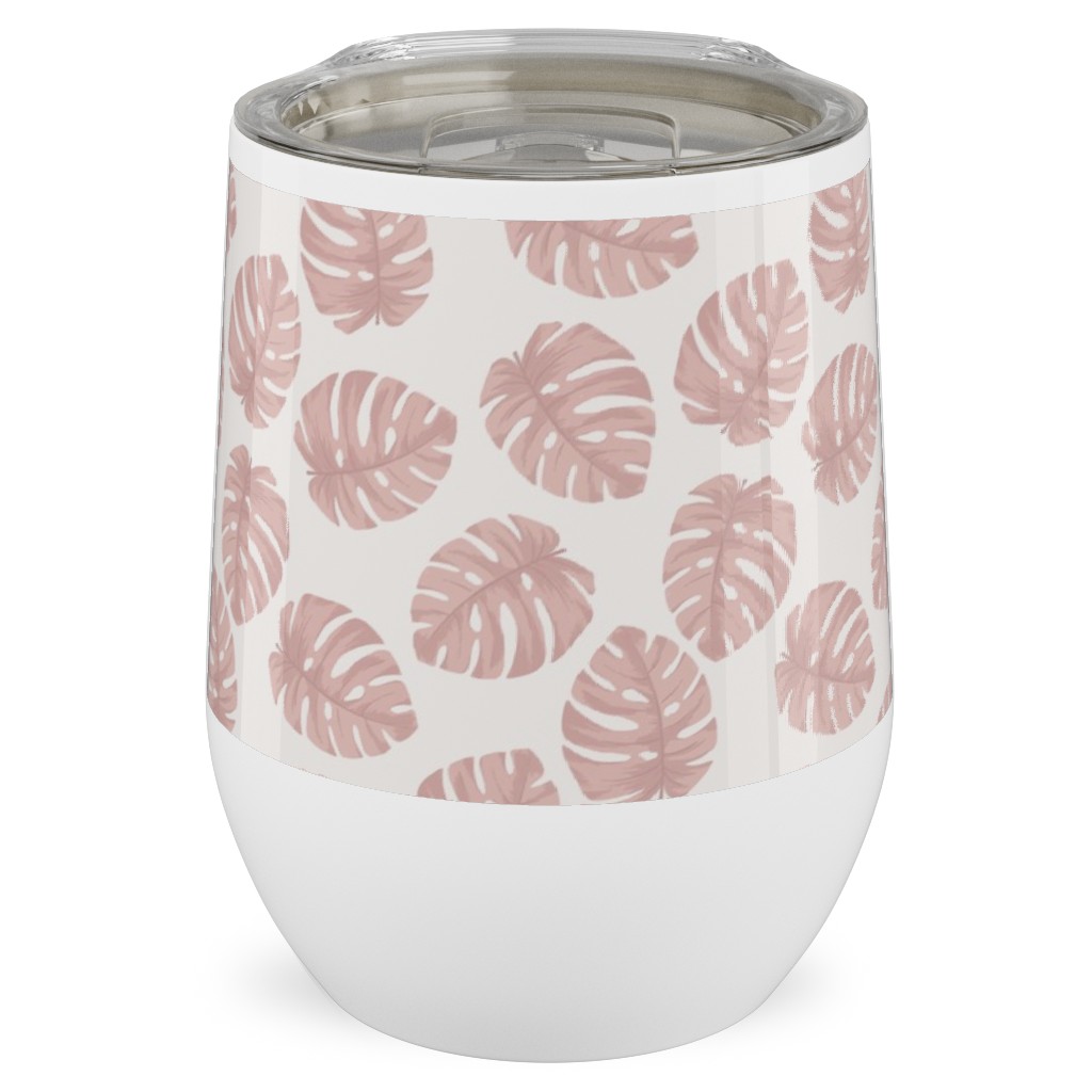 Boho Monstera Leaf - Light Pink on Off White Stainless Steel Travel Tumbler, 12oz, Pink