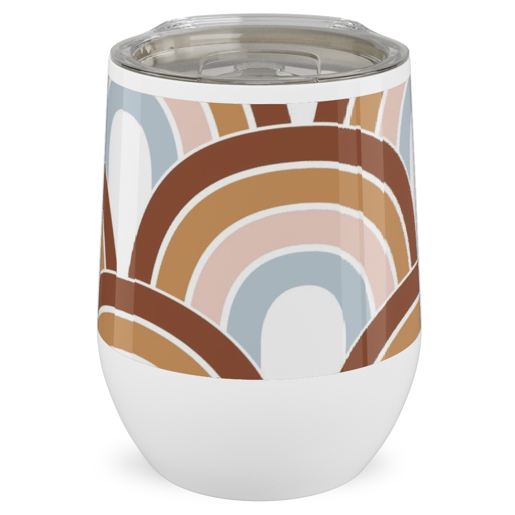 Retro Rainbow Waves - Scales and Curves - Rust Beige Blush Blue on White Stainless Steel Travel Tumbler, 12oz, Orange, Orange