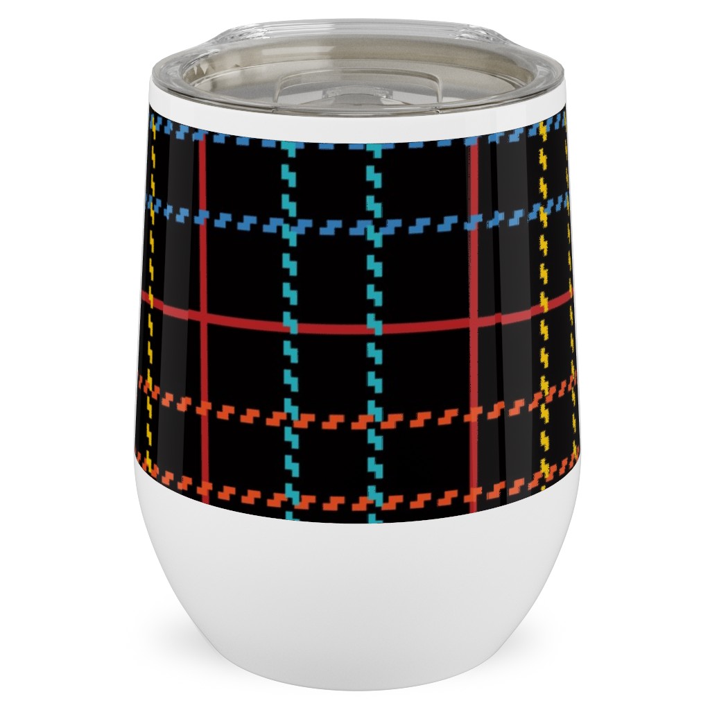 Grid Plaid - Dark Multi Stainless Steel Travel Tumbler, 12oz, Black, Black
