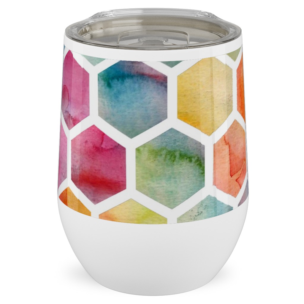 Watercolour Hexagons - Multi Stainless Steel Travel Tumbler, 12oz, Multicolor