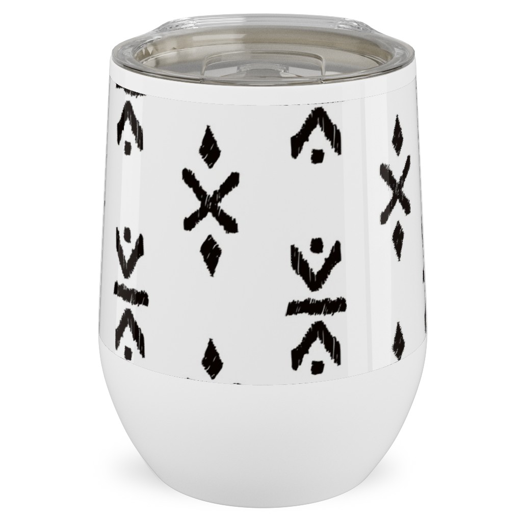 Monochrome Tribal Print - Neutral Stainless Steel Travel Tumbler, 12oz, White