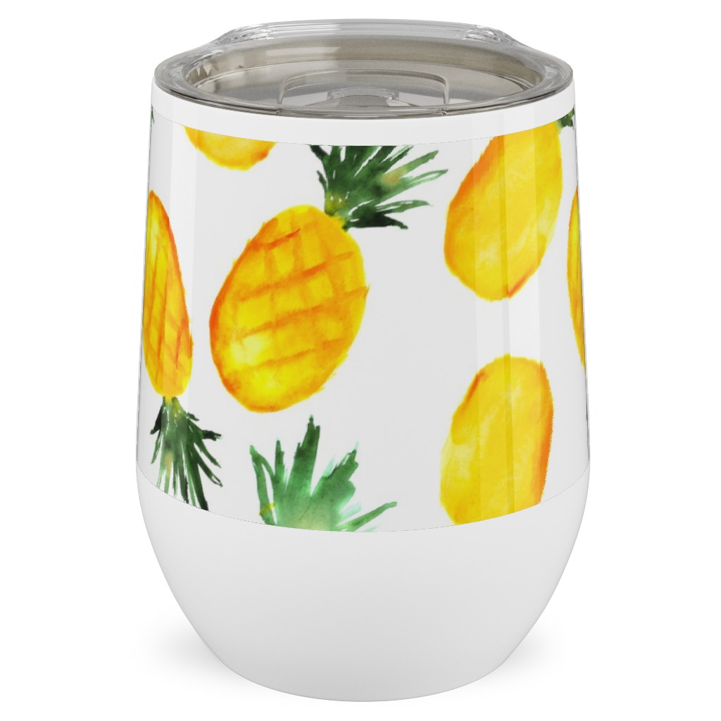 Watercolor Pineapples - Yellow Stainless Steel Travel Tumbler, 12oz, Yellow