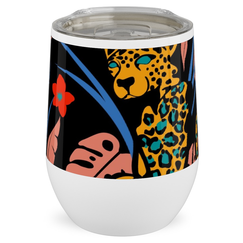Leopard - Multi on Black Stainless Steel Travel Tumbler, 12oz, Multicolor