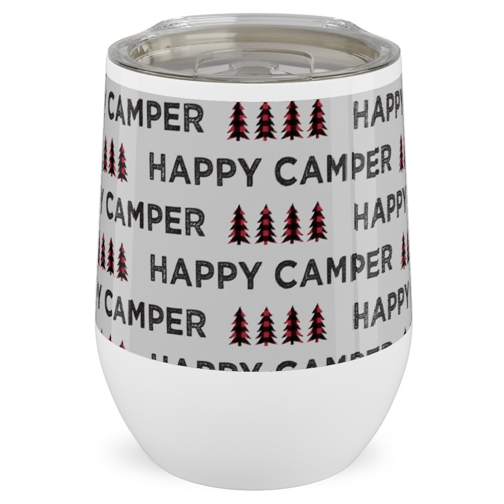 Happy Camper on Fog - Gray Stainless Steel Travel Tumbler, 12oz, Brown