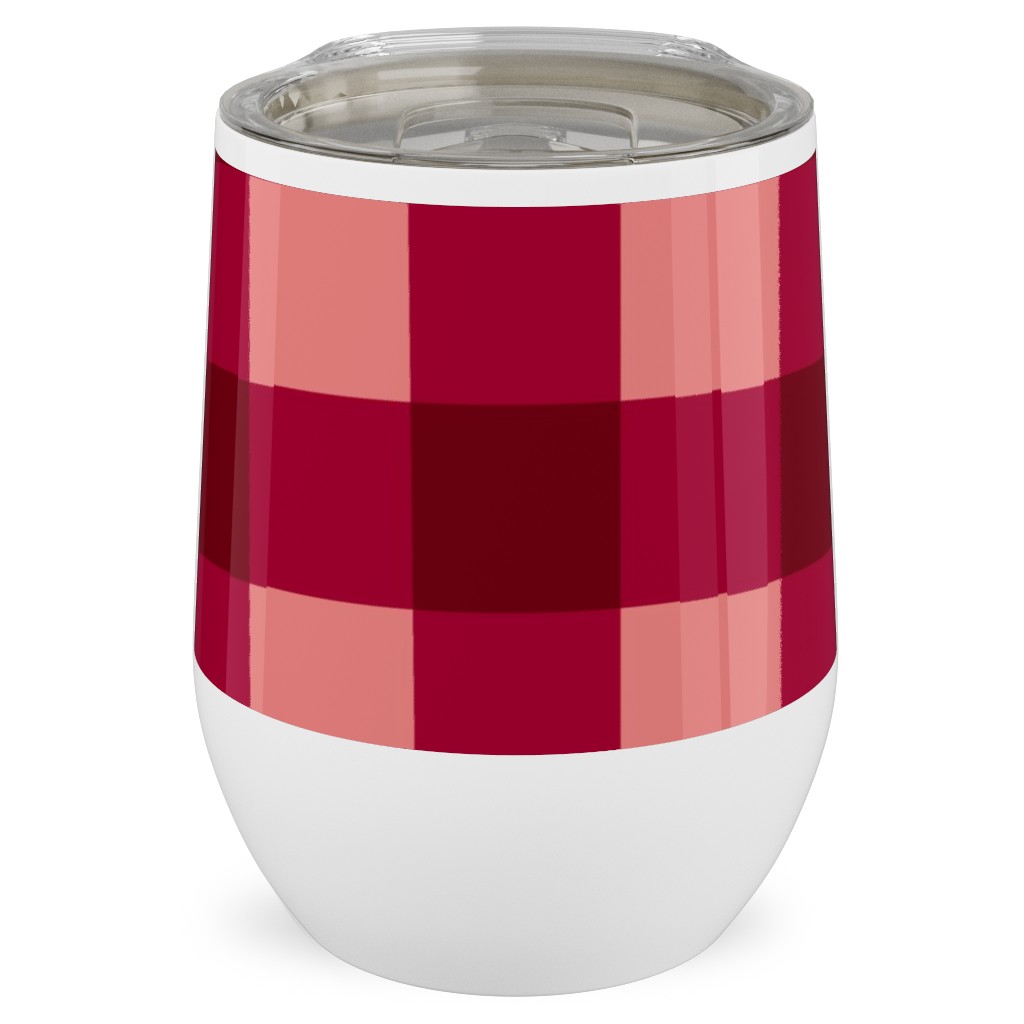 Gingham Check - Red and Pink Stainless Steel Travel Tumbler, 12oz, Red