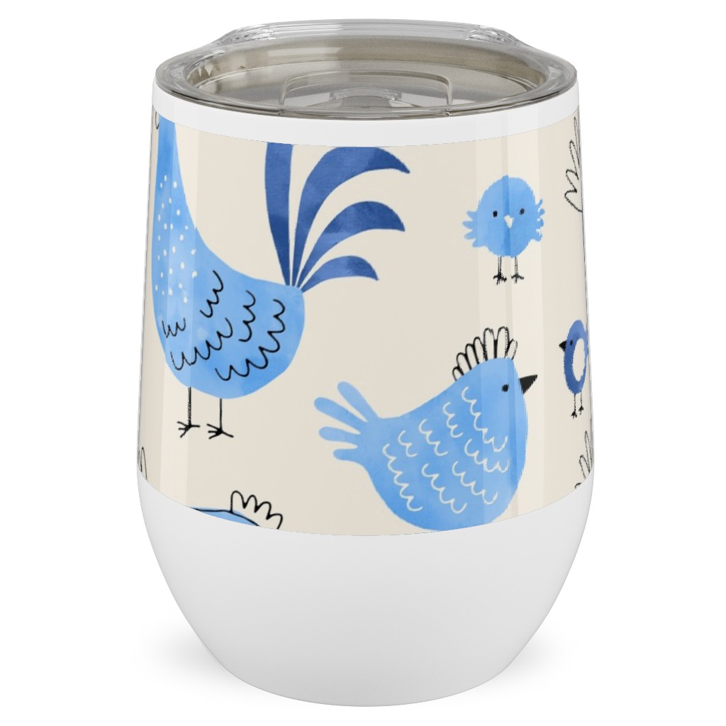 Chicken and Rooster - Watercolor - Blue on Creme Stainless Steel Travel Tumbler, 12oz, Blue