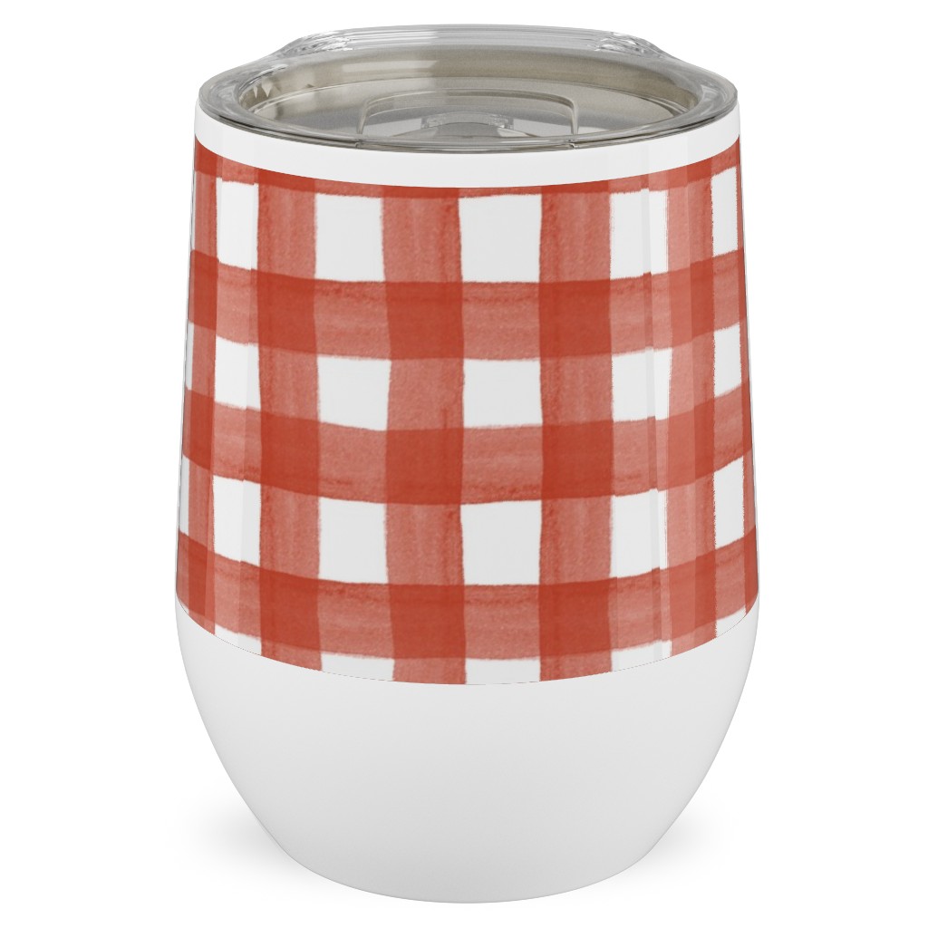 Red Watercolor Gingham Stainless Steel Travel Tumbler, 12oz, Red