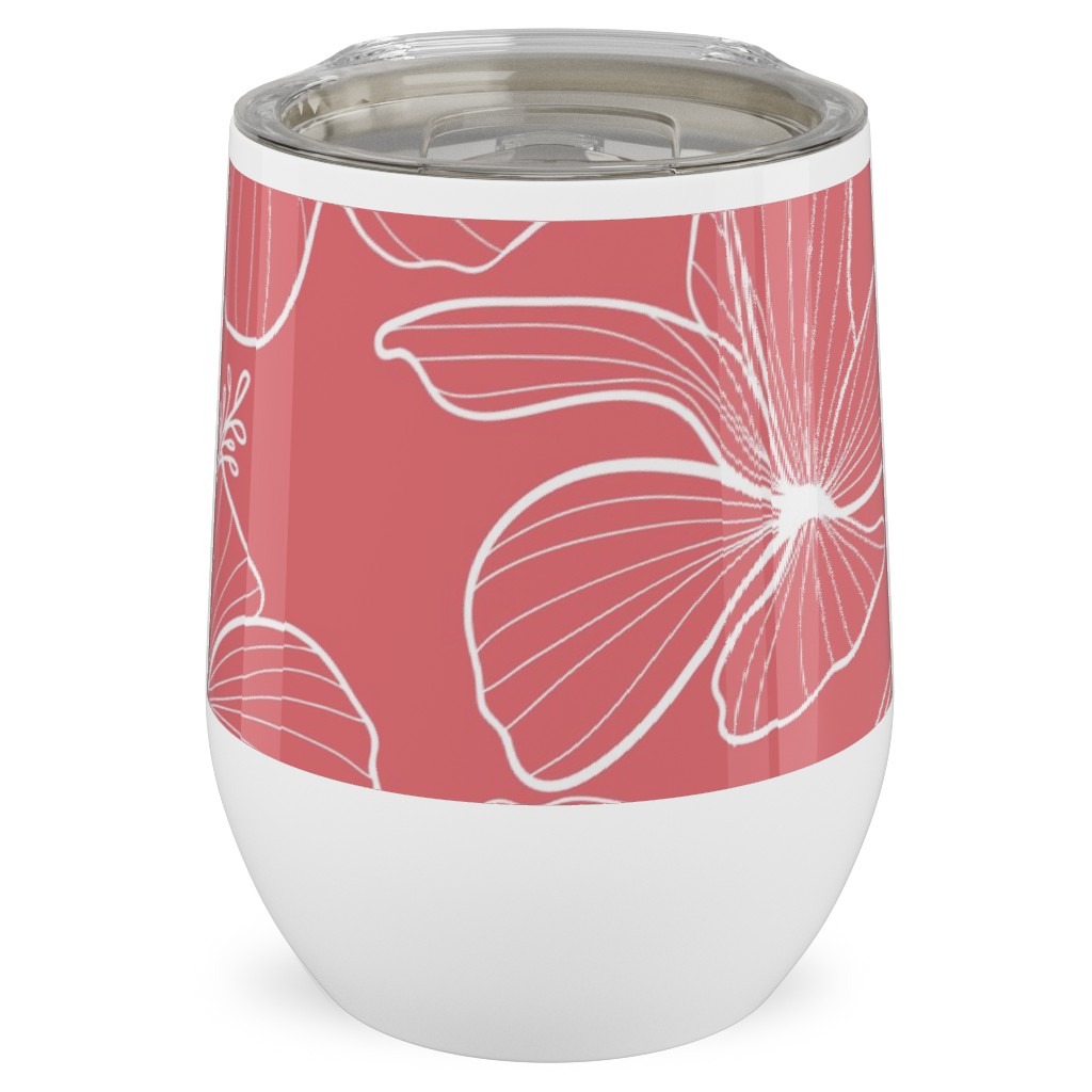 Hibiscus Line Art - Pink Stainless Steel Travel Tumbler, 12oz, Pink, Bright Pink