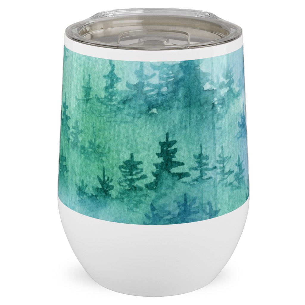 Watercolor Forest - Green and Blue Stainless Steel Travel Tumbler, 12oz, Green
