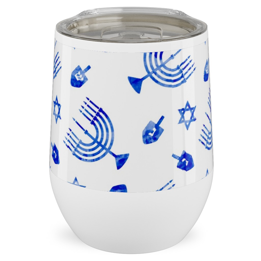 Hanukkah Watercolor Menorah, Dreidel, Star of David - Blue Stainless Steel Travel Tumbler, 12oz, Blue