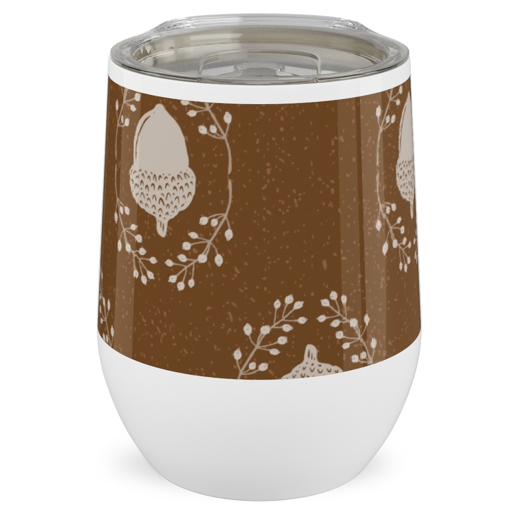 Autumn Acorn Rosehip Textured Damask Stainless Steel Travel Tumbler, 12oz, Brown