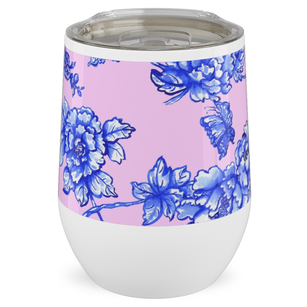 Chinoiserie Floral - Blush Stainless Steel Travel Tumbler, 12oz, Pink, Bright Pink