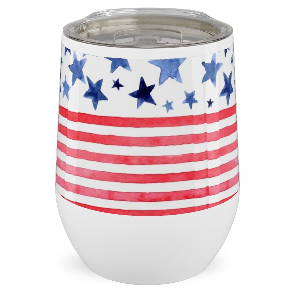 Watercolor Stars and Stripes - Red White and Blue Stainless Steel Travel Tumbler, 12oz, Red