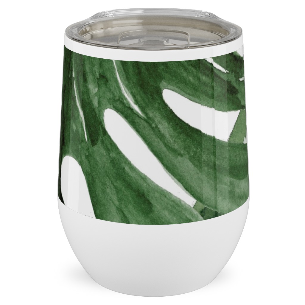 Monstera Tropical Leaves - Green Stainless Steel Travel Tumbler, 12oz, Green, Classic Green