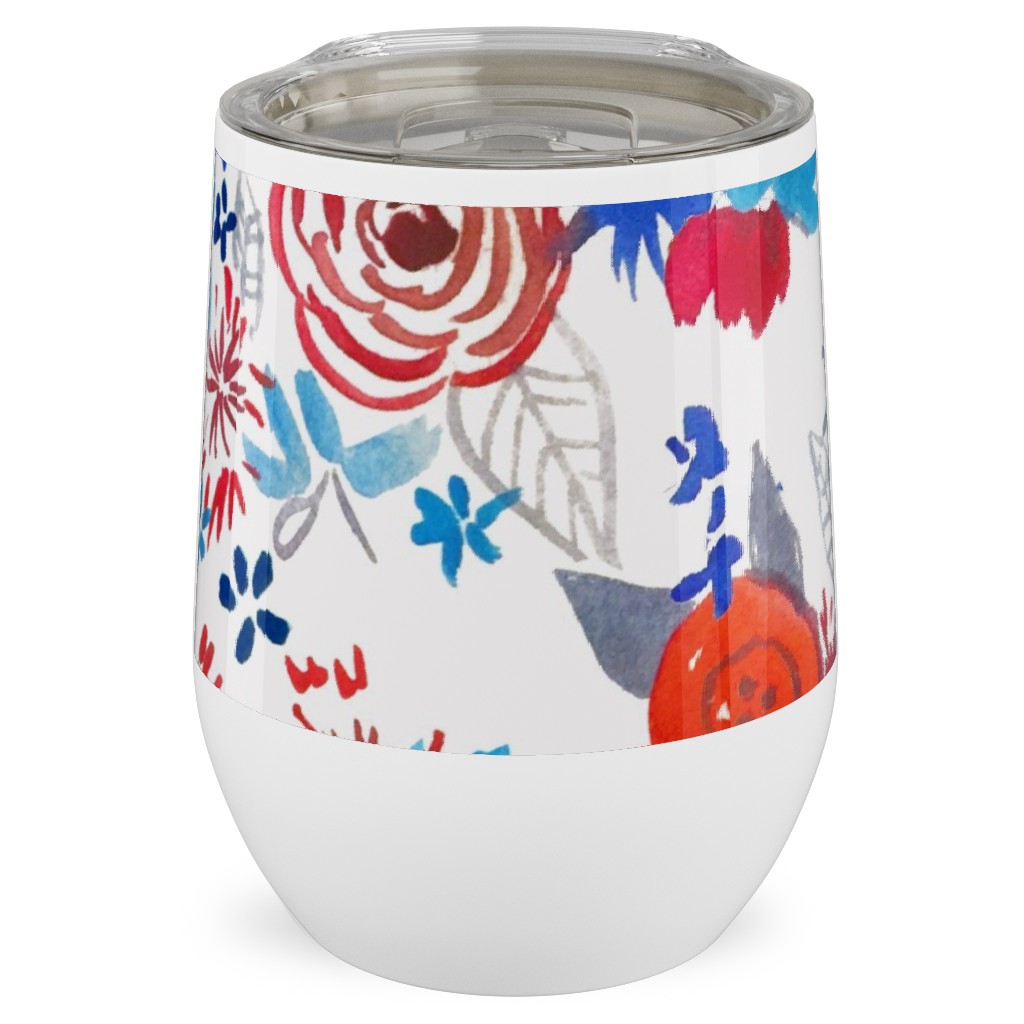 Patriotic Watercolor Floral - Red White and Blue Stainless Steel Travel Tumbler, 12oz, Multicolor