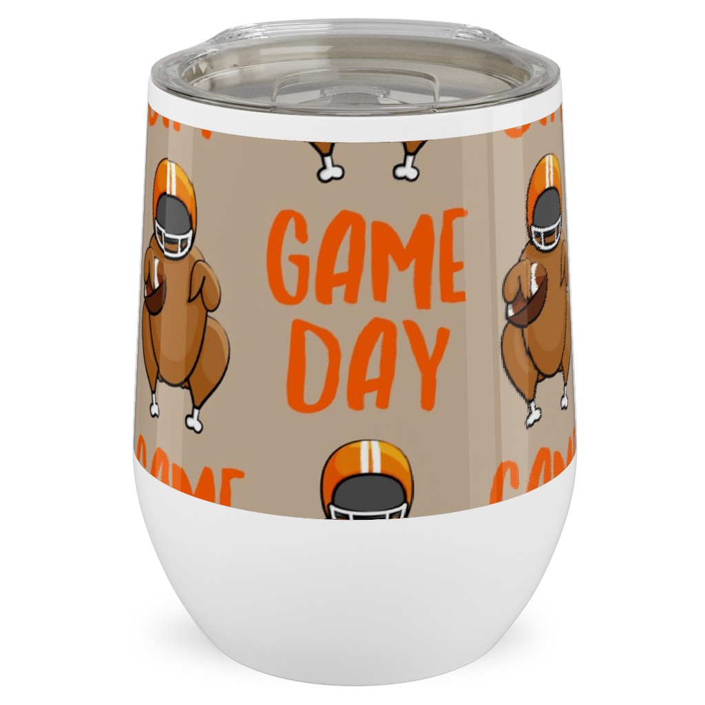 Game Day Turkey With Football - Tan Stainless Steel Travel Tumbler, 12oz, Beige, Pearl