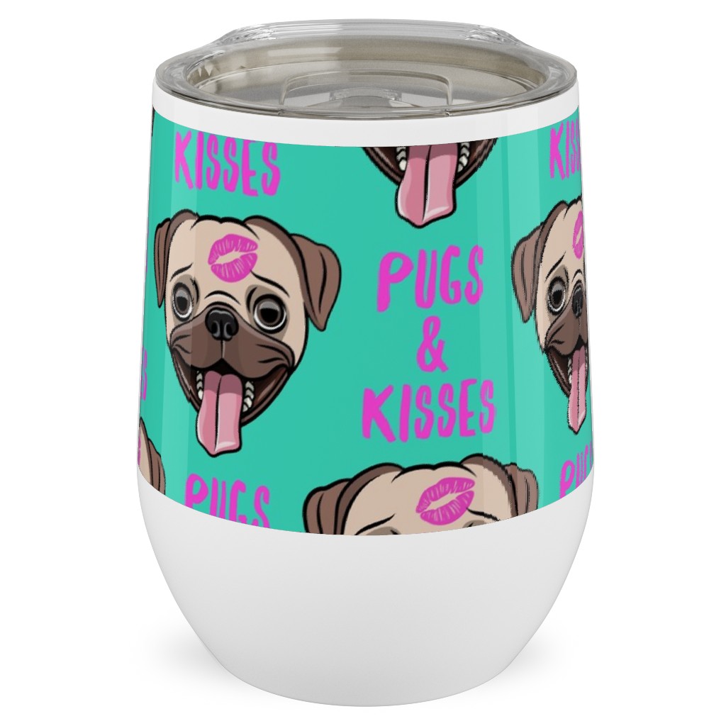 Pugs & Kisses - Cute Pug Dog - Teal Stainless Steel Travel Tumbler, 12oz, Green