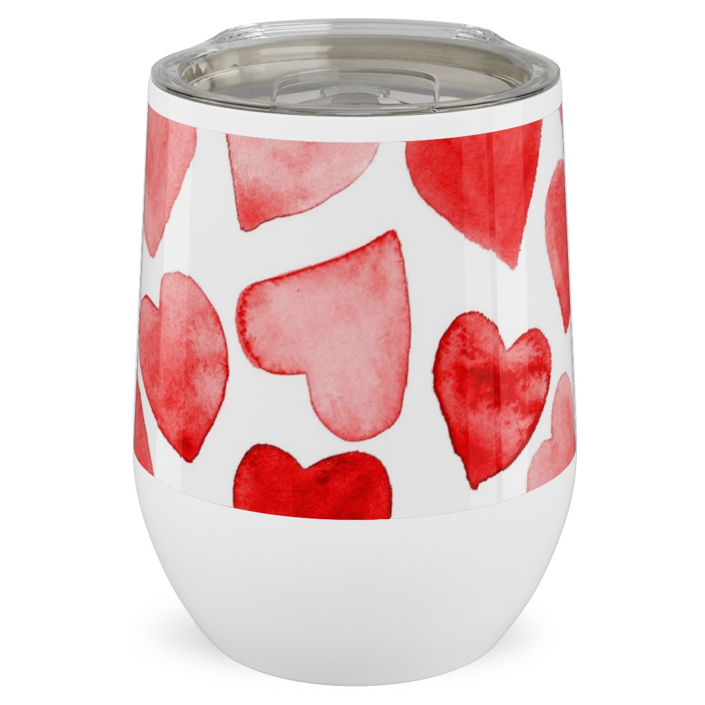 Red Hearts Watercolor - Red Stainless Steel Travel Tumbler, 12oz, Red