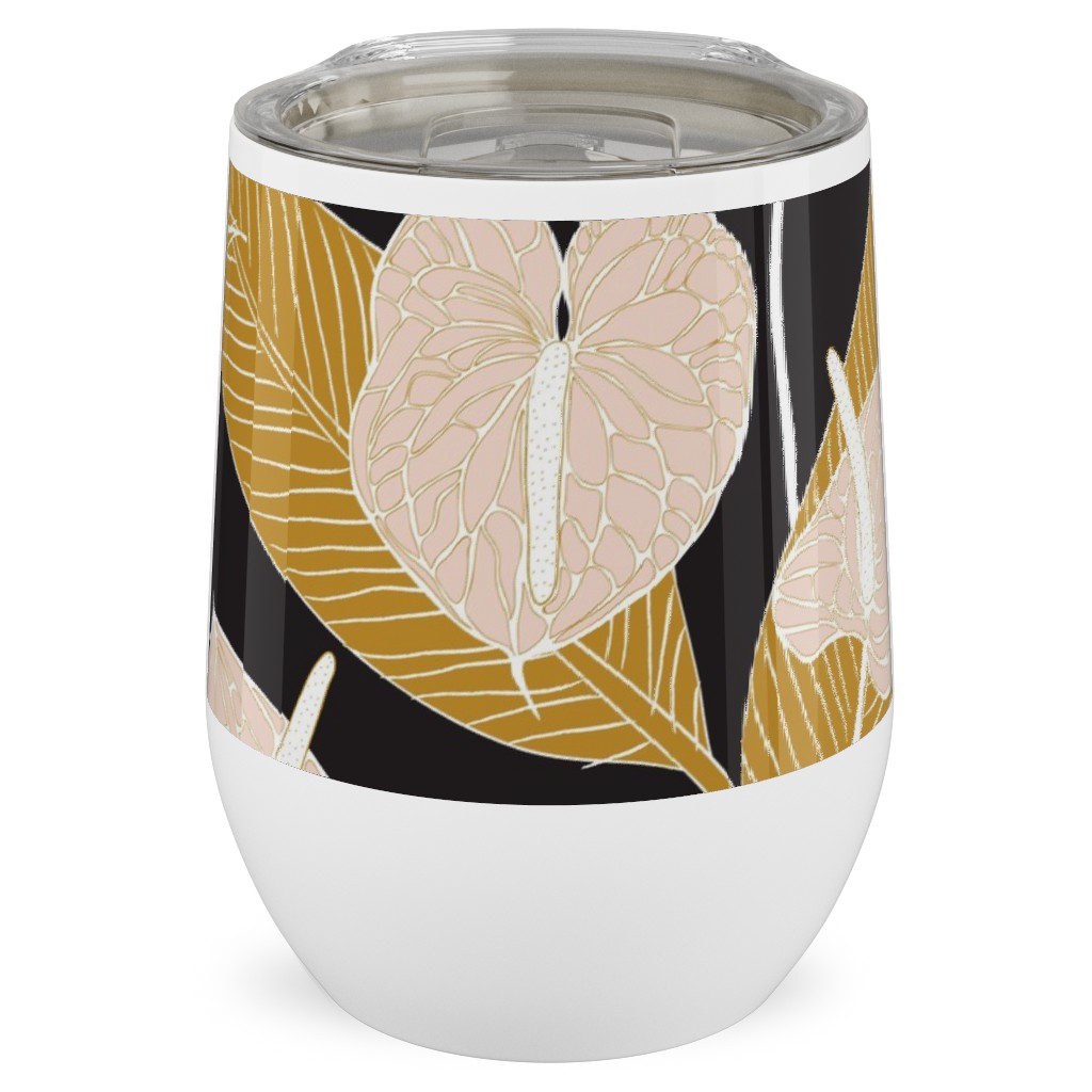 Art Nouveau Anthuriums - Black Mustard and Pale Peach Stainless Steel Travel Tumbler, 12oz, Multicolor