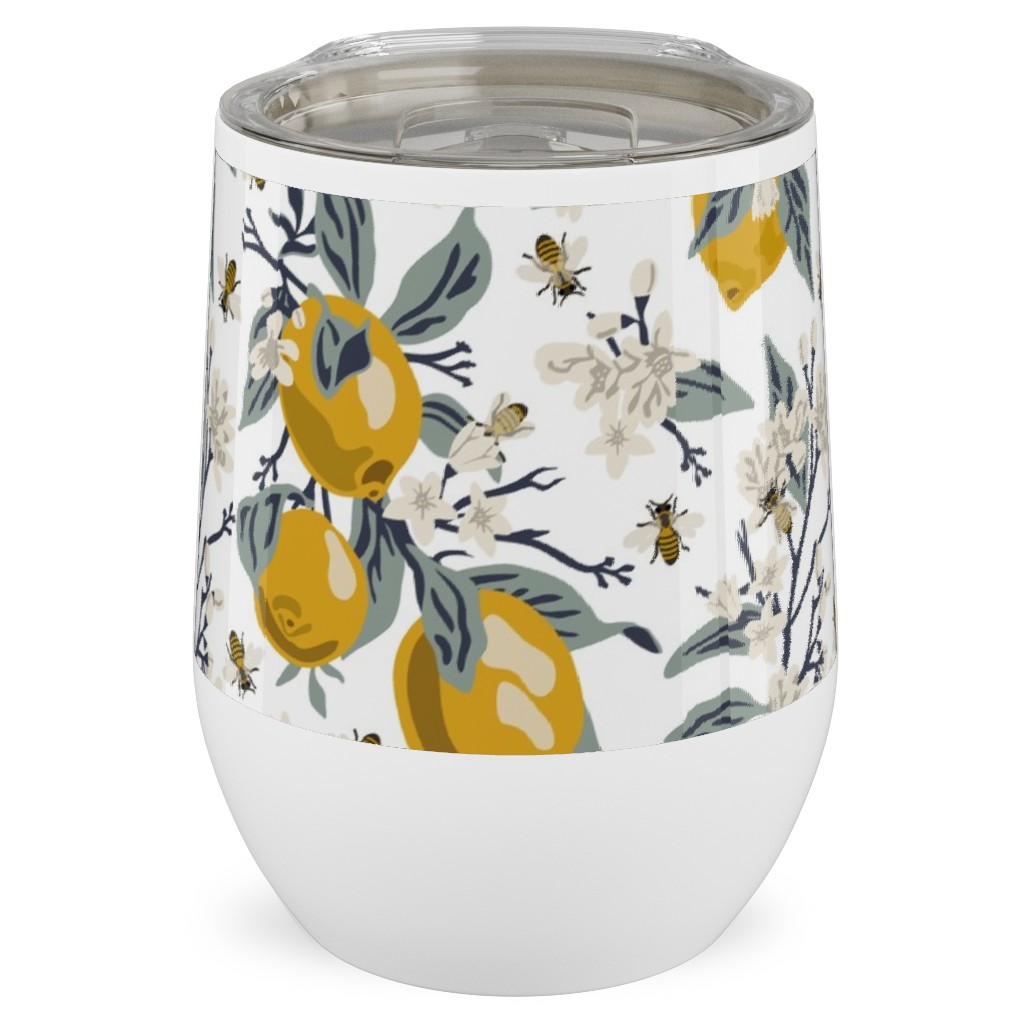 Bees & Lemons - White Stainless Steel Travel Tumbler, 12oz, Yellow, Classic Yellow