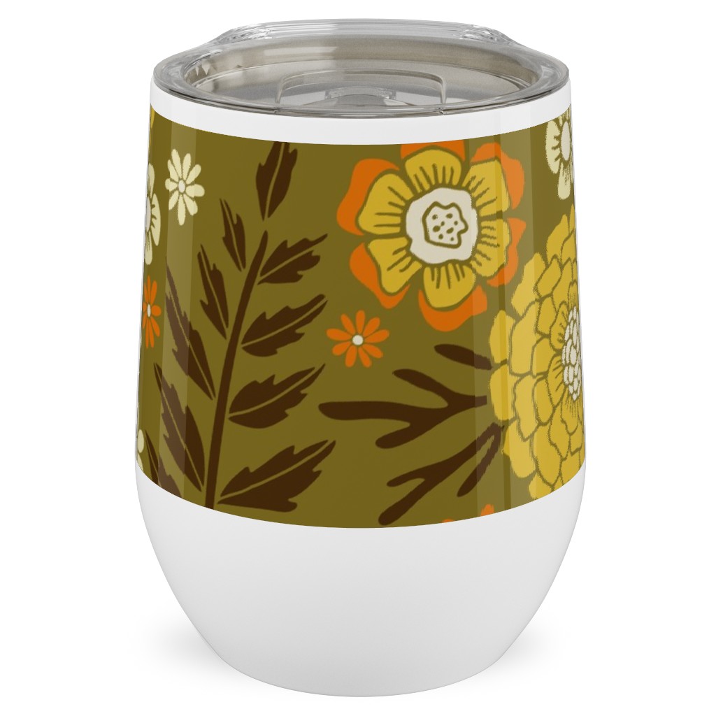 1970s Retro/Vintage Floral - Yellow and Brown Stainless Steel Travel Tumbler, 12oz, Yellow