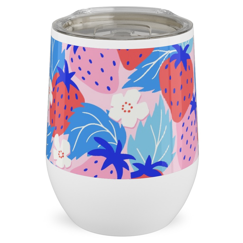 Papercut Strawberries - Blue and Pink Stainless Steel Travel Tumbler, 12oz, Multicolor