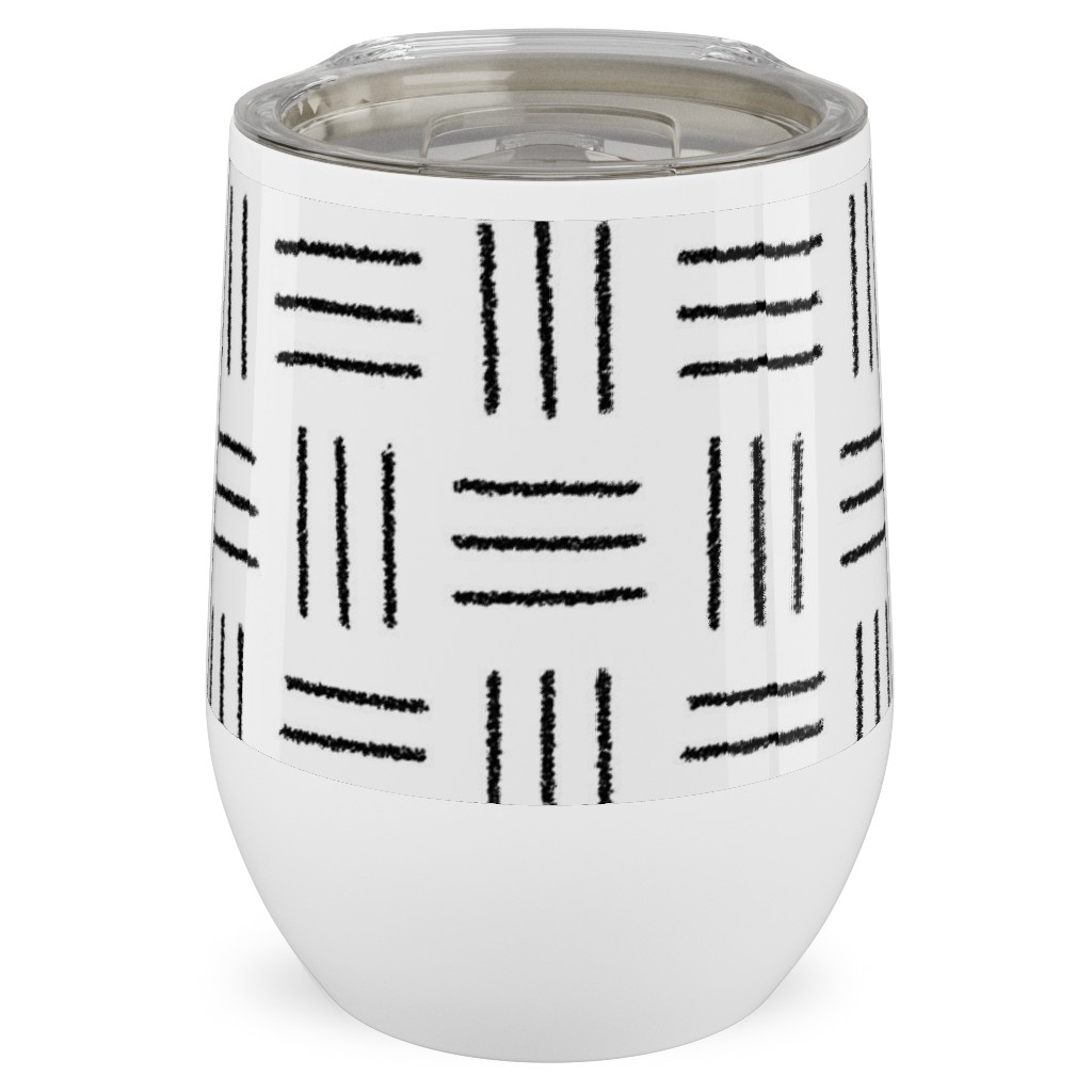 Mudcloth Basket Weave - Black on White Stainless Steel Travel Tumbler, 12oz, White, White