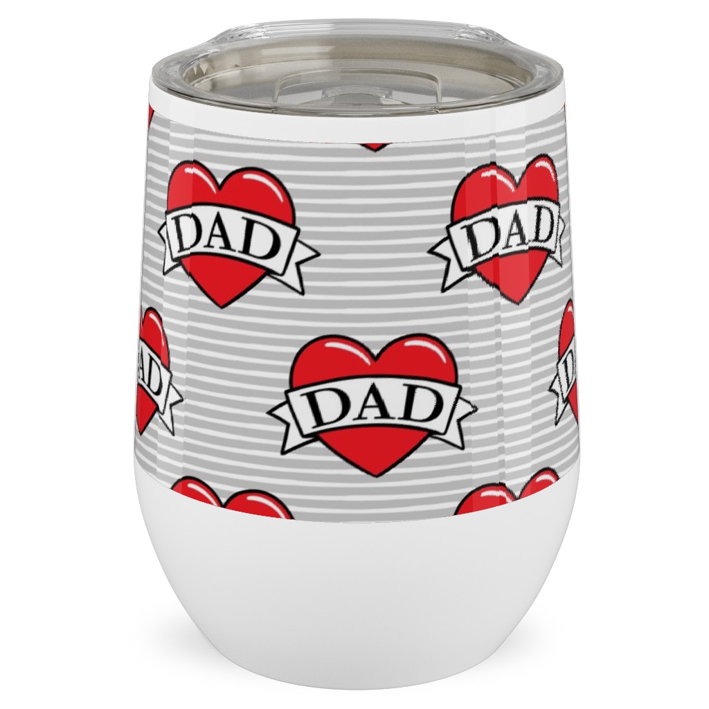 Dad Heart Tattoo - Red on Grey Stripes Stainless Steel Travel Tumbler, 12oz, Red
