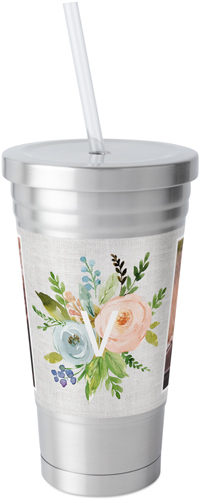 Monogram Floral Stainless Tumbler with Straw, 18oz, Gray