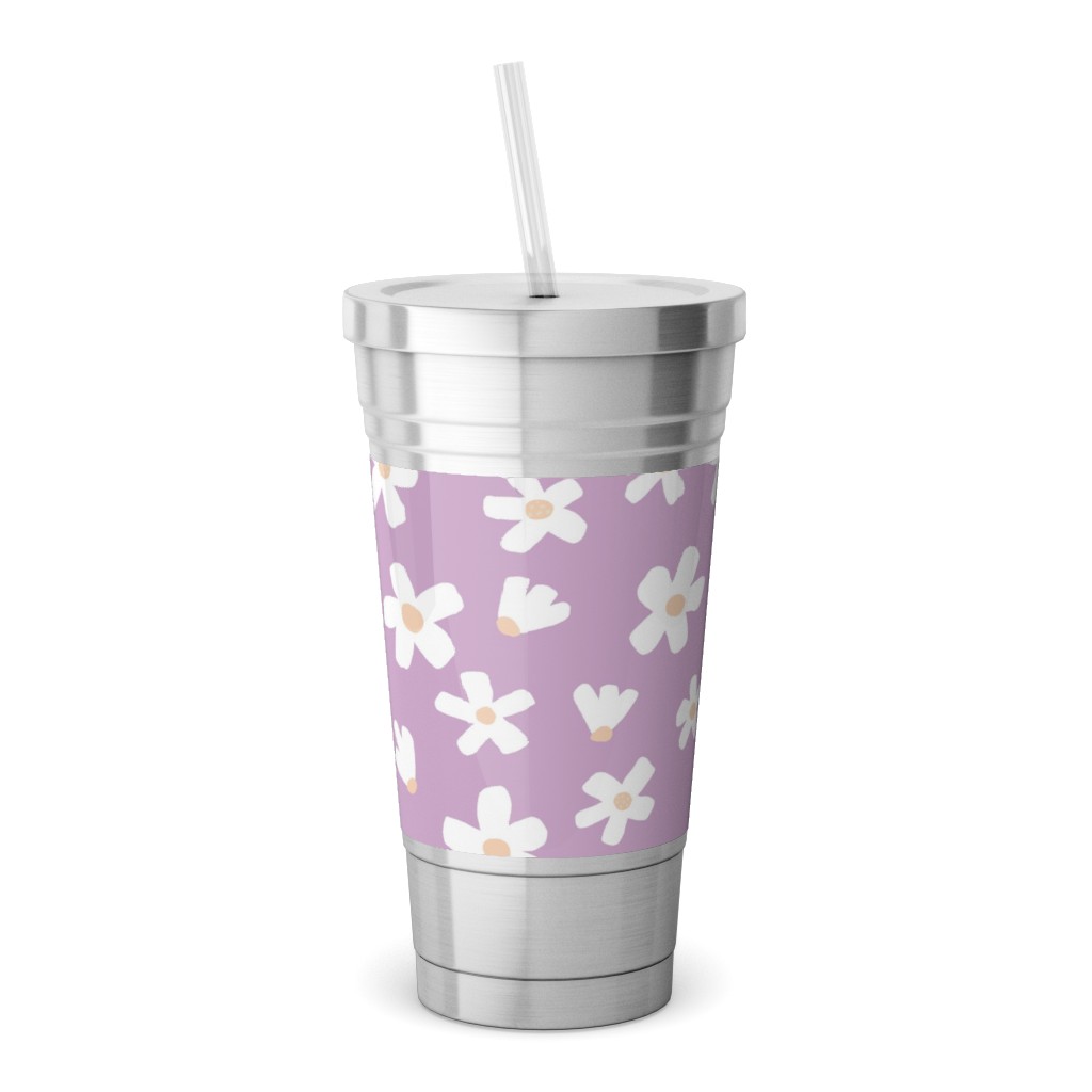 Daisy Garden Floral - Purple Stainless Tumbler with Straw, 18oz, Purple