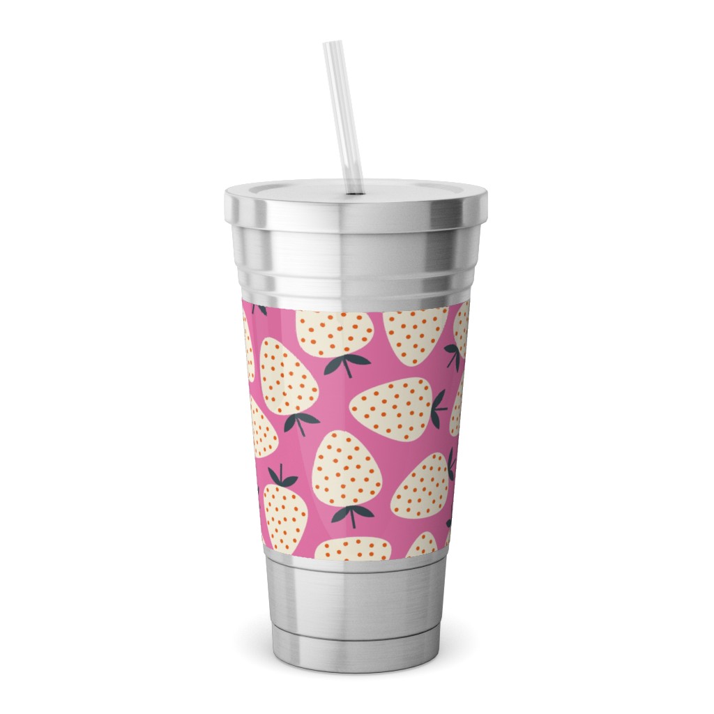 Strawberries - Cream on Pink Stainless Tumbler with Straw, 18oz, Pink