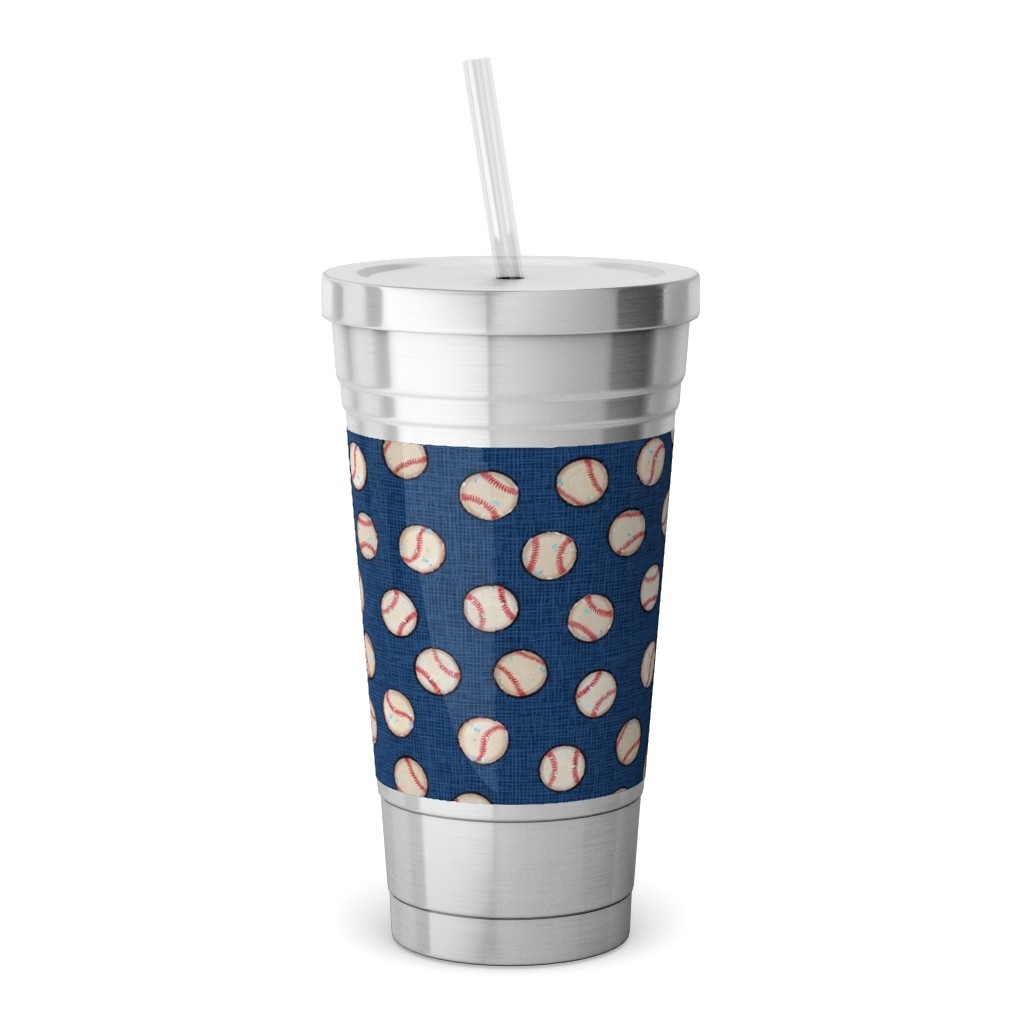 Baseball Balls on Blue Linen Stainless Tumbler with Straw, 18oz, Blue