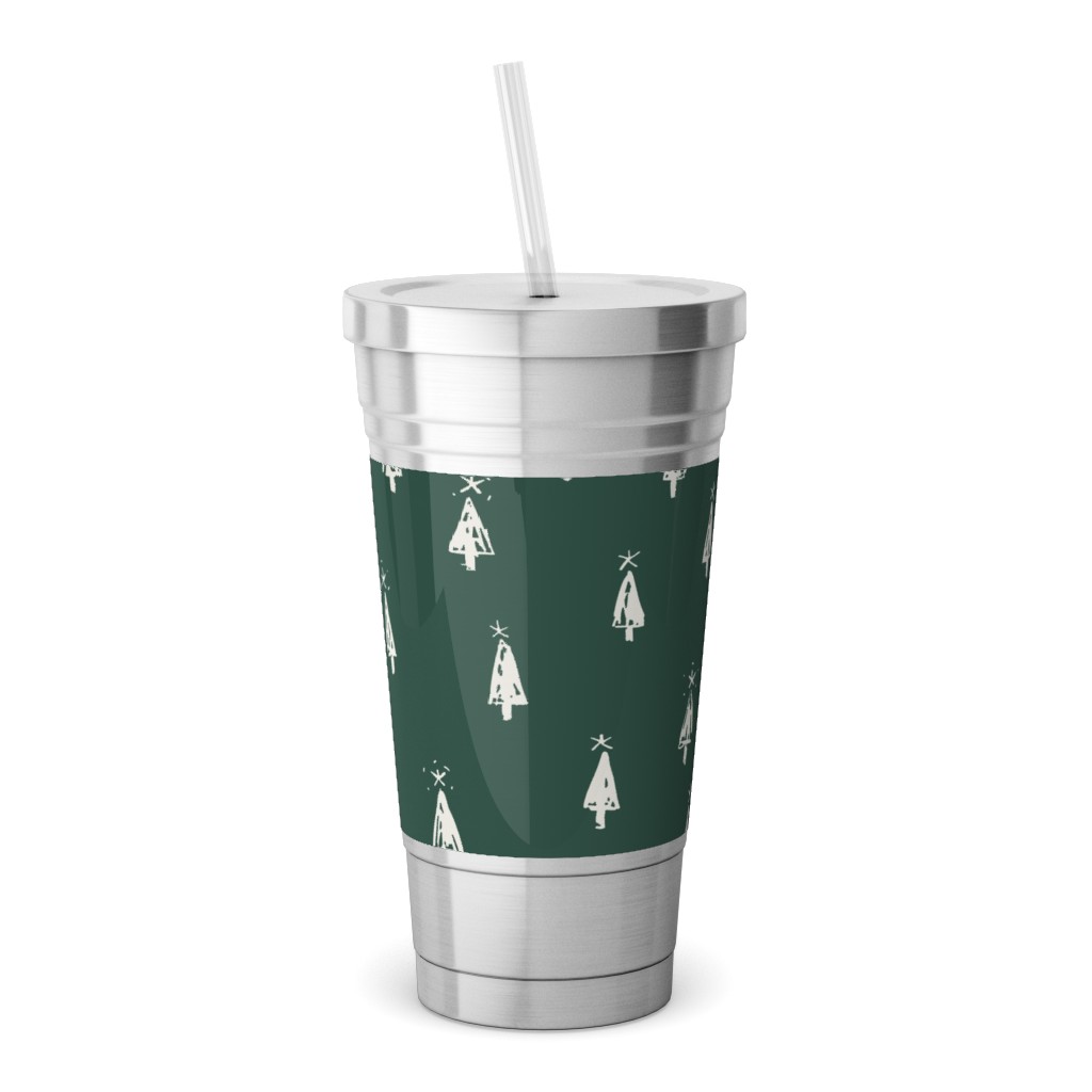 Christmas Trees on Pine Needle Stainless Tumbler with Straw, 18oz, Green