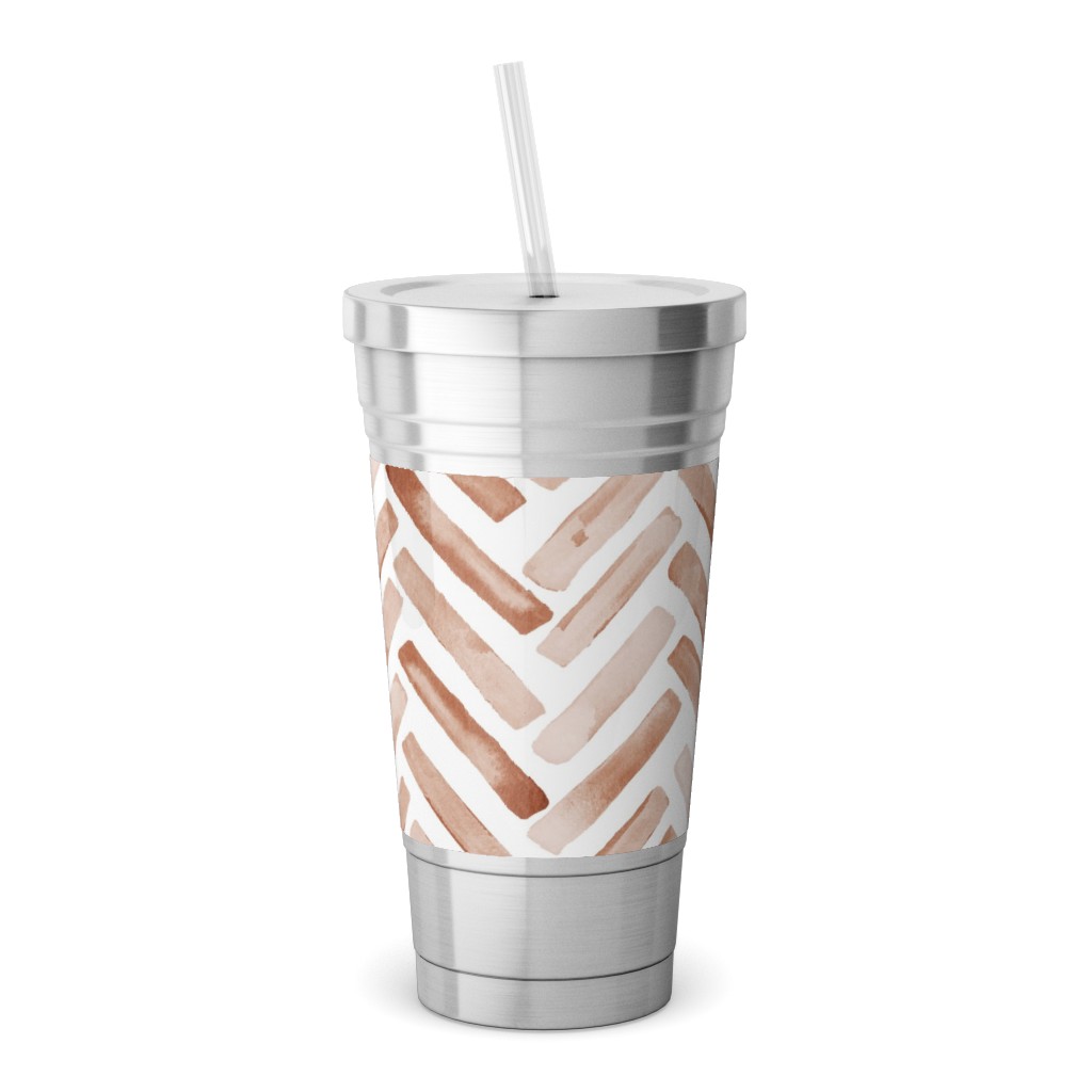 Painted Chevron Herringbone Stainless Tumbler with Straw, 18oz, Brown