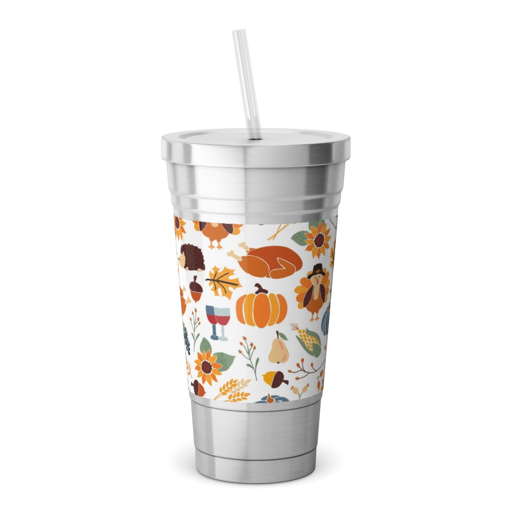 Thanksgiving Table Stainless Tumbler with Straw, 18oz, Multicolor