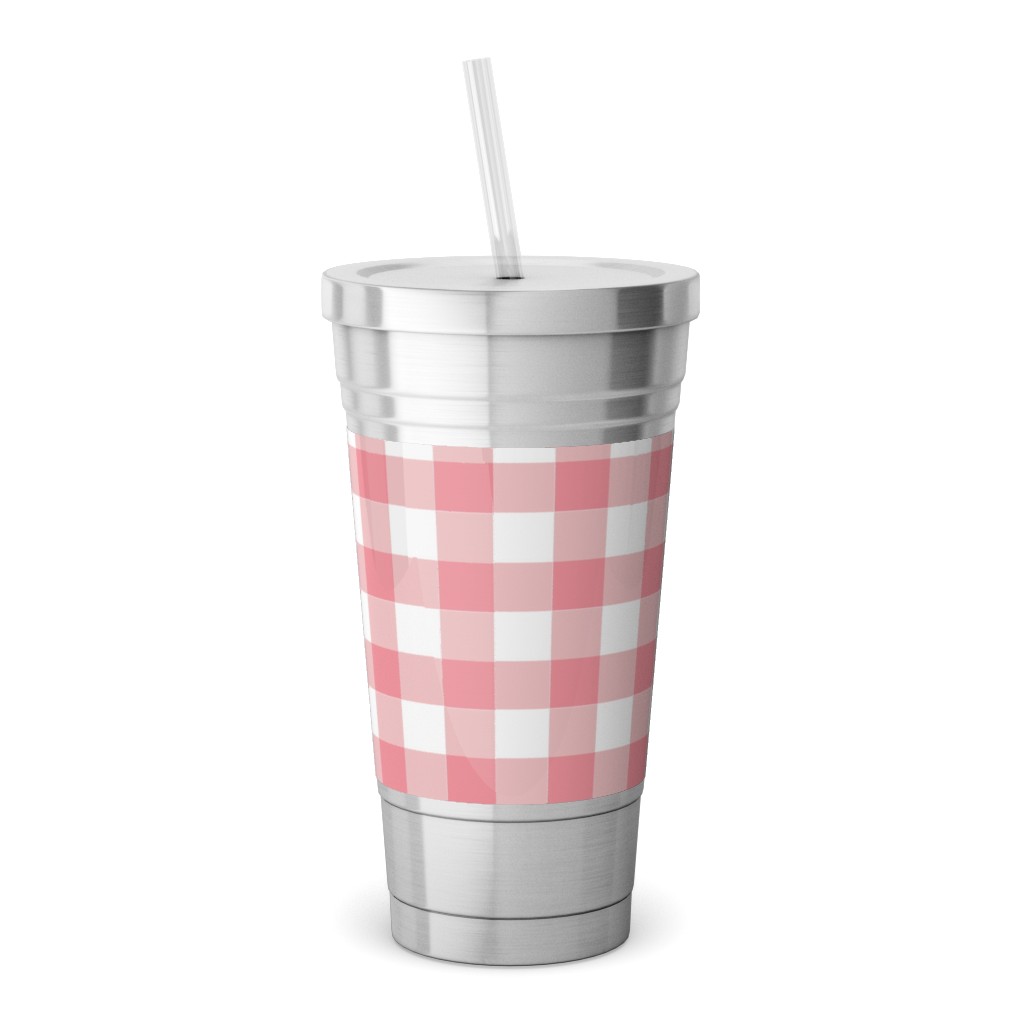 Simple Gingham Stainless Tumbler with Straw, 18oz, Pink