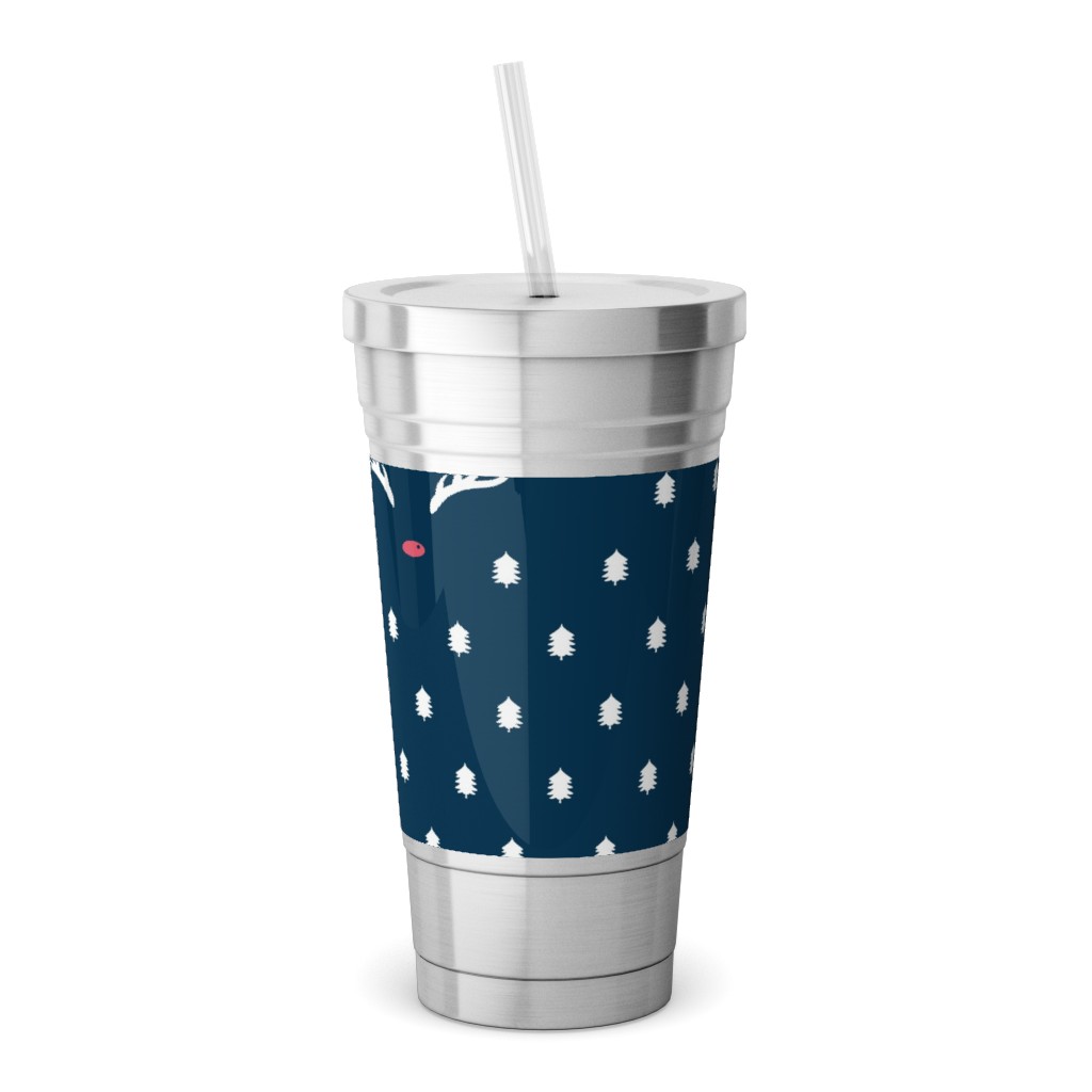 Modern Christmas Deer - Navy Stainless Tumbler with Straw, 18oz, Blue