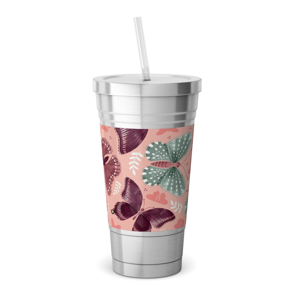Romantic Butterflies - Pink Stainless Tumbler with Straw, 18oz, Pink
