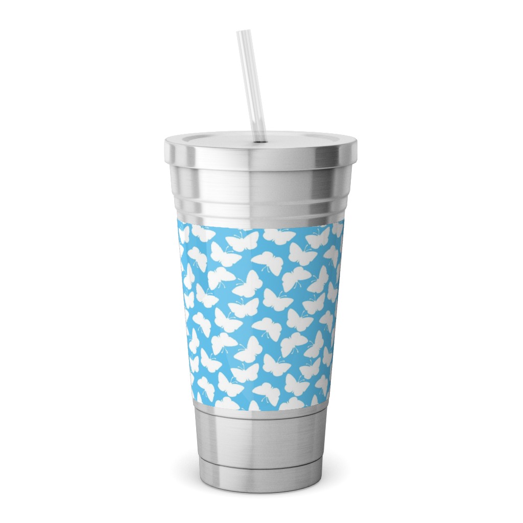 Butterflies - White on Blue Stainless Tumbler with Straw, 18oz, Blue