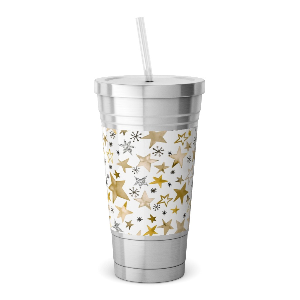 Winter Stars Christmas - Gold Stainless Tumbler with Straw, 18oz, Yellow