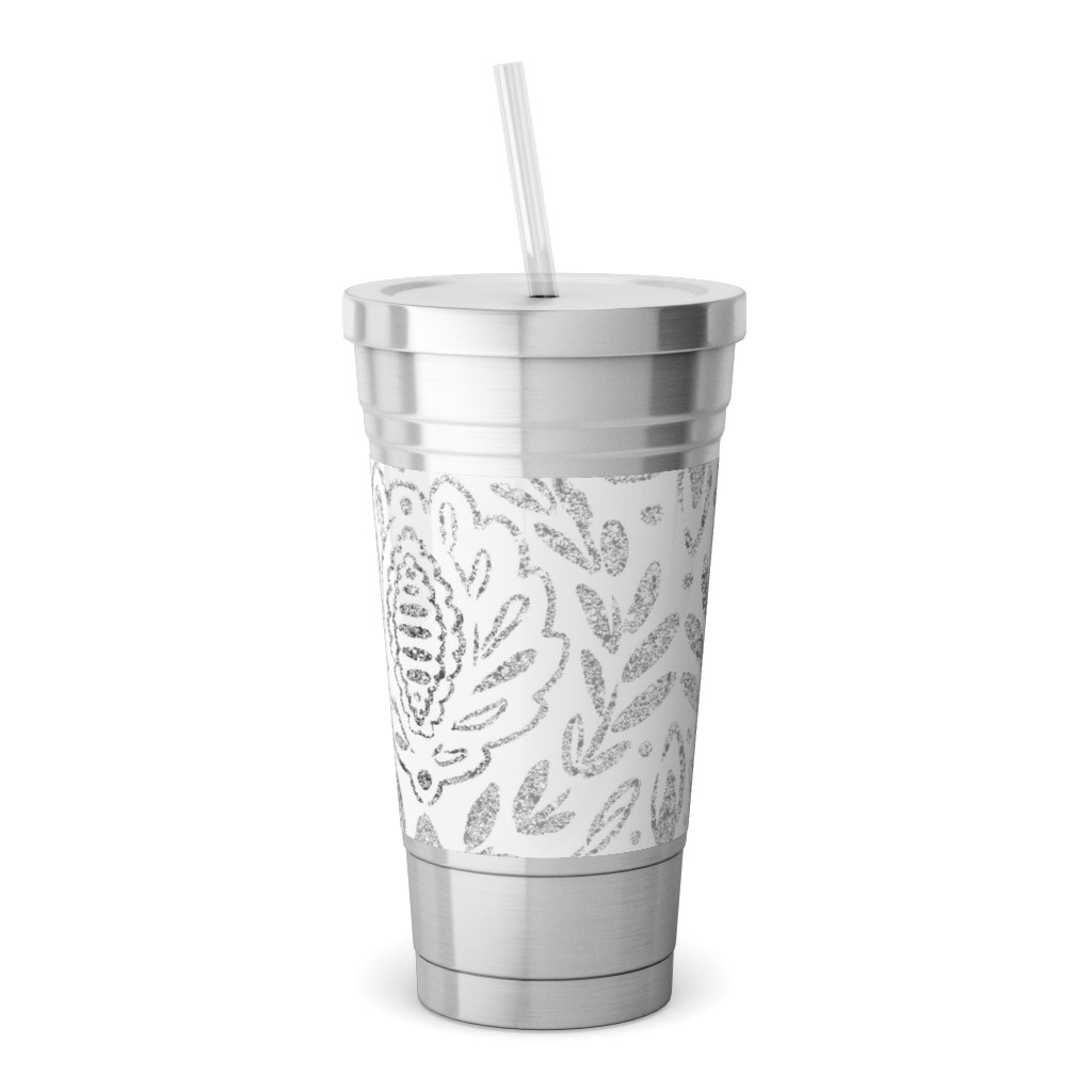 Distressed Damask Leaves - Grey Stainless Tumbler with Straw, 18oz, Gray