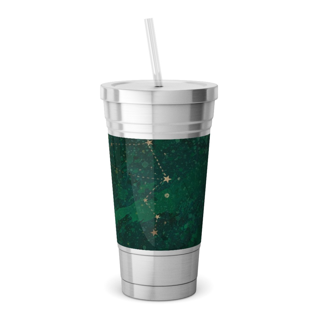 Moon and Stars - Green Stainless Tumbler with Straw, 18oz, Green