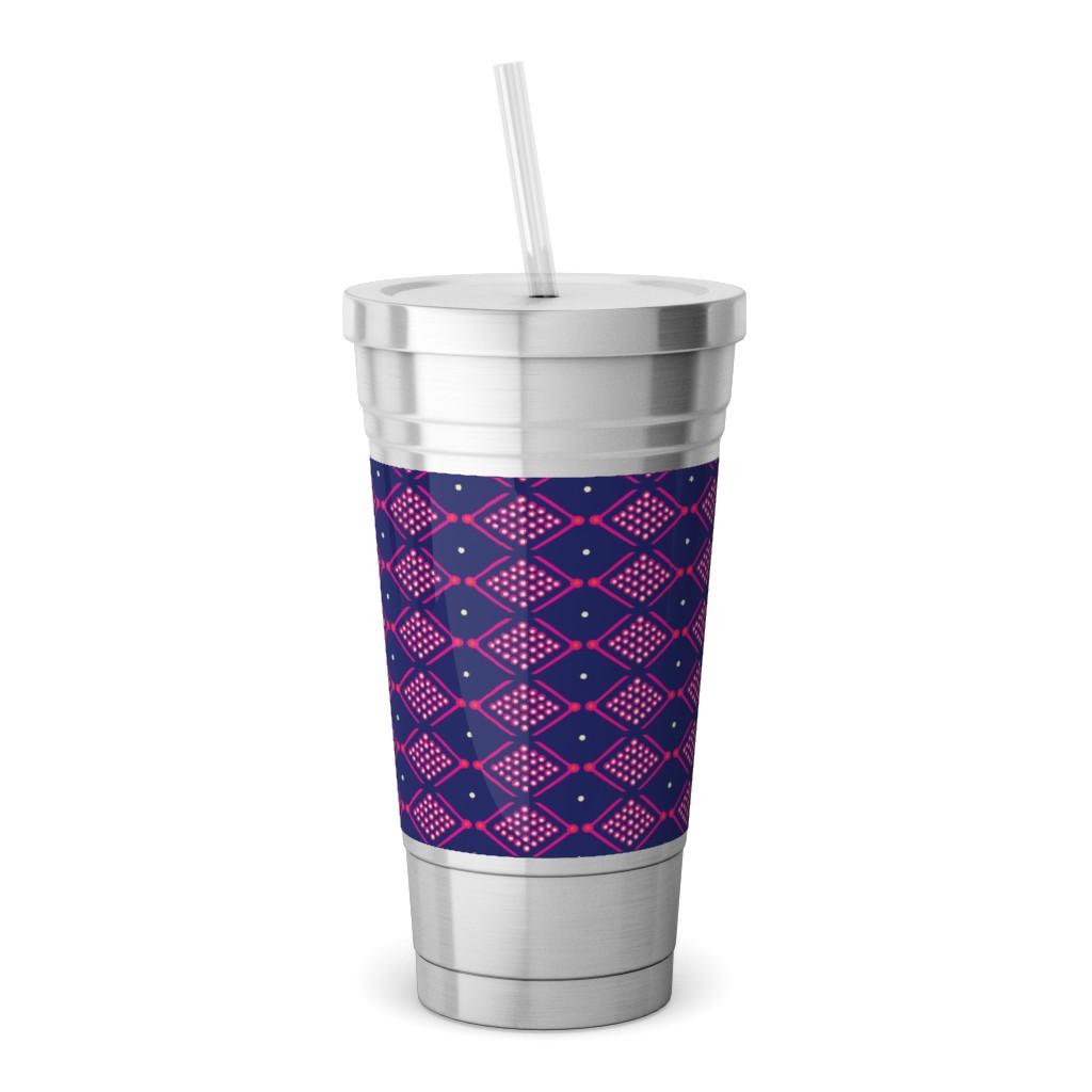 Tribal Geometric - Navy and Purple Stainless Tumbler with Straw, 18oz, Blue