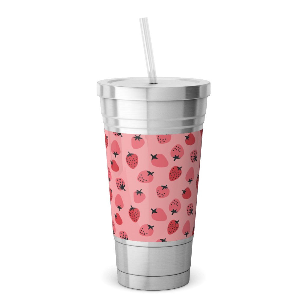 Red Strawberries - Pink Stainless Tumbler with Straw, 18oz, Pink