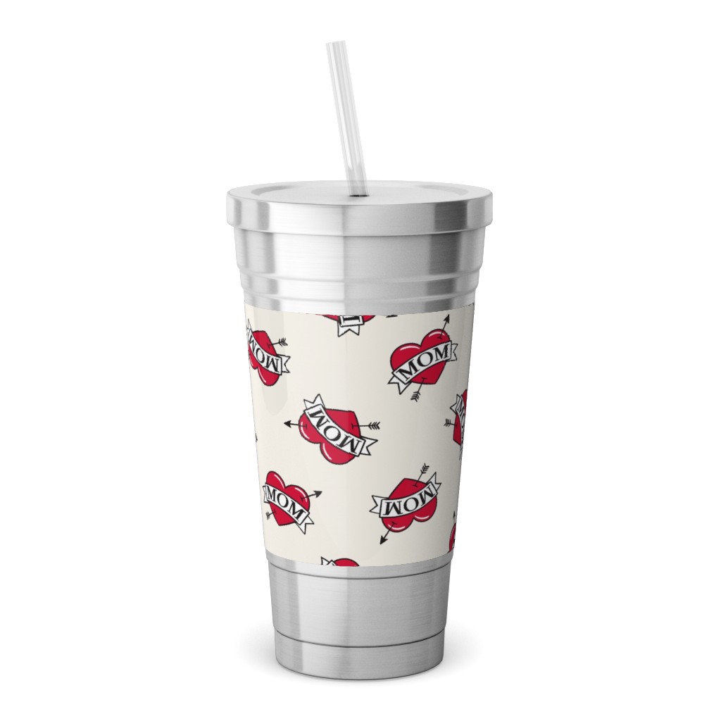 Mom Heart Tattoo - Red on Cream Stainless Tumbler with Straw, 18oz, Red