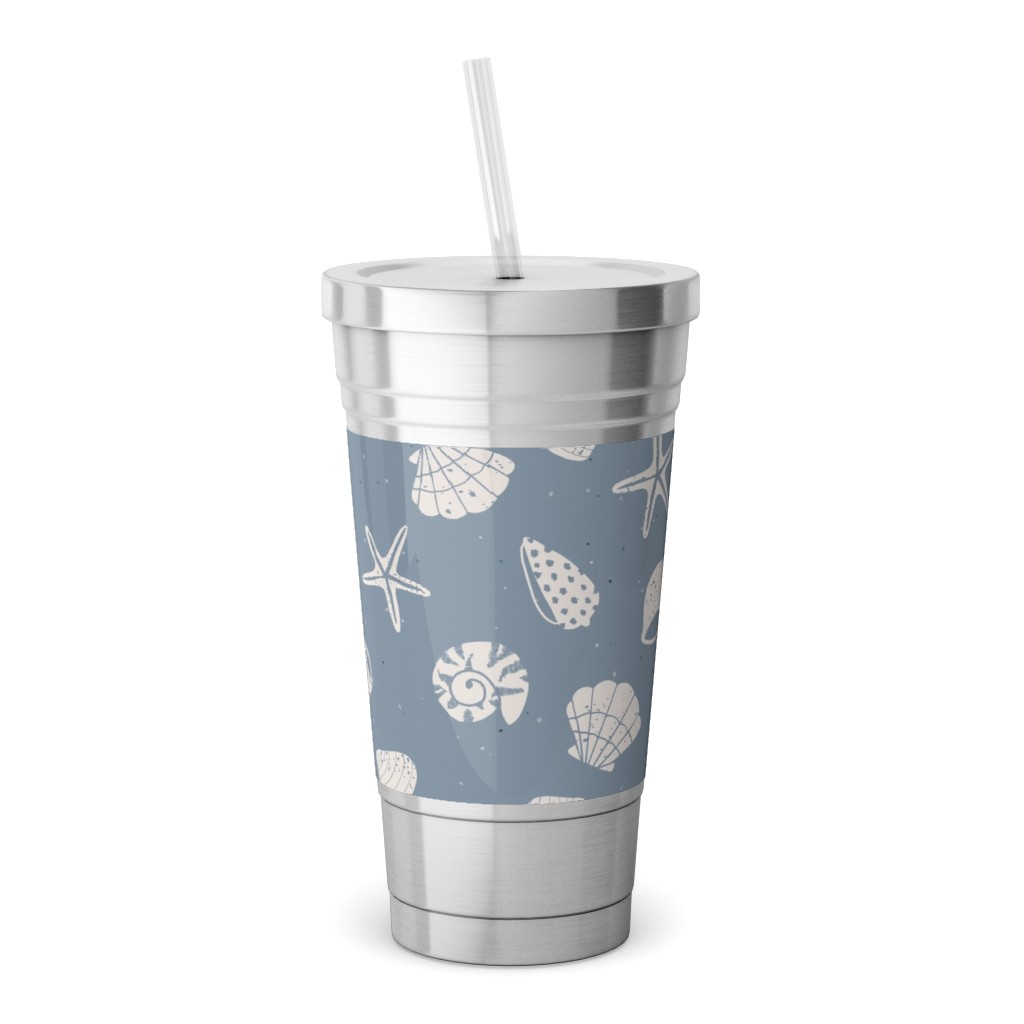 Seashells Summer Beach - Dusty Blue Stainless Tumbler with Straw, 18oz, Blue