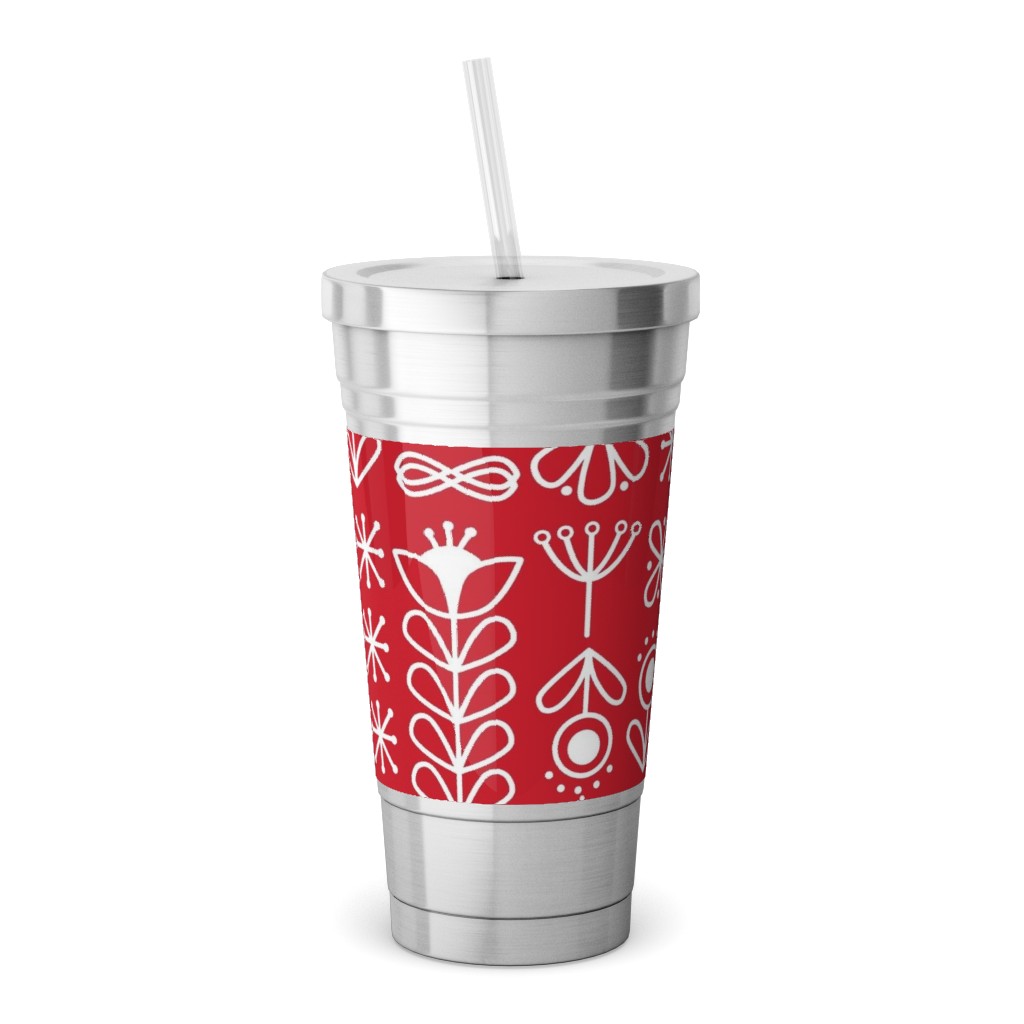 Red and White Nordic Mod Floral Stainless Tumbler with Straw, 18oz, Red
