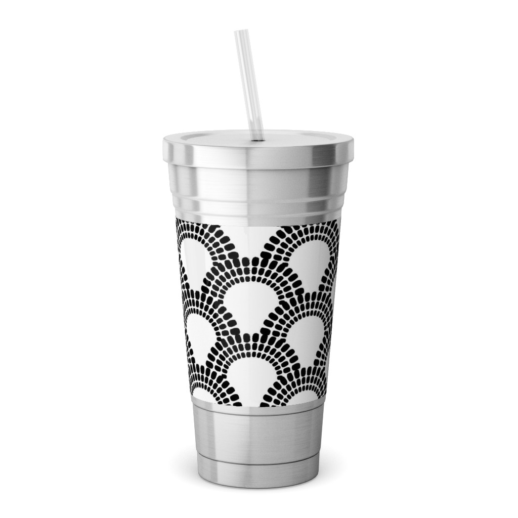 Scallops - Black and White Stainless Tumbler with Straw, 18oz, Black