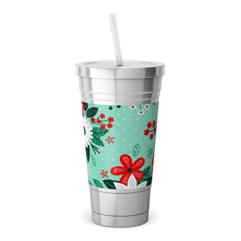 Holiday Floral Bouquet Stainless Tumbler with Straw, 18oz, Green