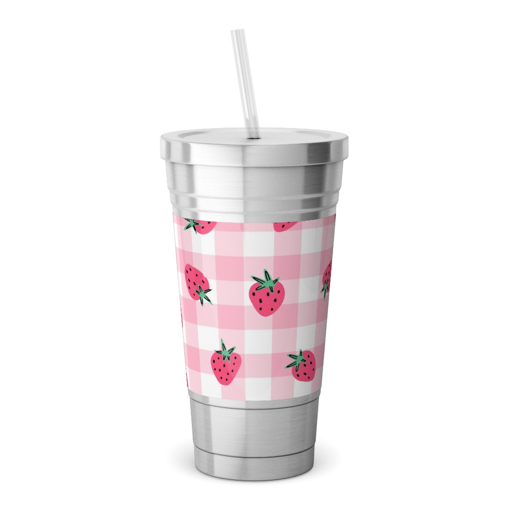 Summer Strawberry Gingham - Pink Stainless Tumbler with Straw, 18oz, Pink
